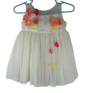 Popatu Girls White & Floral Sleeveless Dress With Mesh Overlay & 3D Flowers 12M